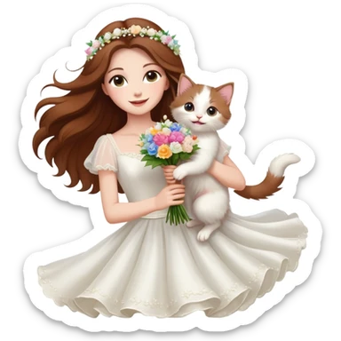 White woman - long hair - white wedding dress - holding a kitten - happy - jumping - fashionable - elegant - bouquet - dreamy - colorful - pearl accessories sticker