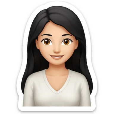 medium tan woman with long black hair past middle of back, round brwn eyes, white v neck blouse smiling. sticker