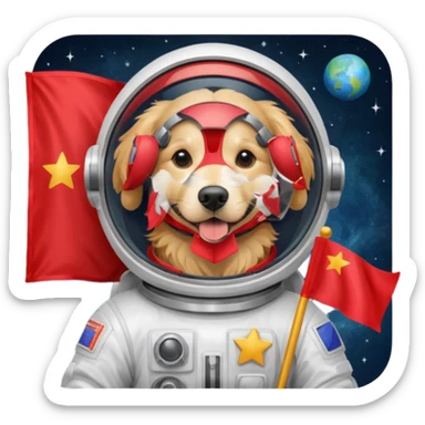 golden retriever in space suit holding red rectangle flag sticker