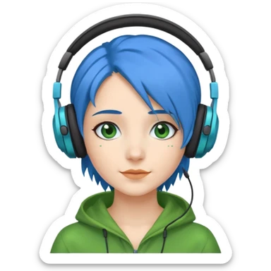 blue haired woman with headphone and green costumes  sticker
