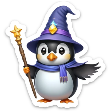 a penguin wearing a wizard hat and holding a magic wand sticker