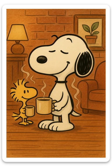 Add Woodstock standing next to Snoopy, both holding a coffee cup, preserving the background, in the GPT image style. sticker