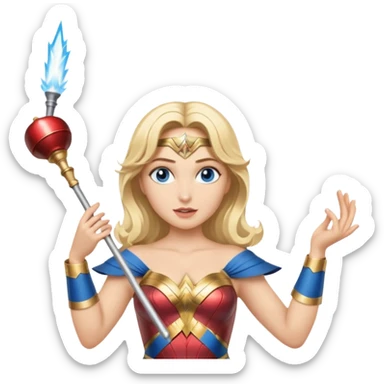 Blonde blue eyed Wonder Woman holding white orchestra conductor’s baton and bell sticker