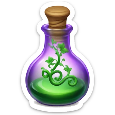 A glass potion bottle, filled with swirling purple liquid that has beautiful green vines wrapping around the bottle sticker