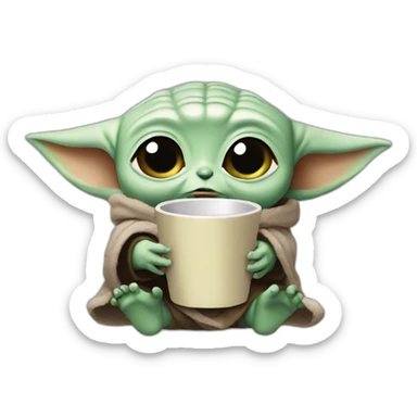 Baby yoda holding cup while crying sticker