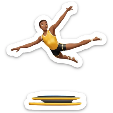 An athletic person soaring high above a trampoline, executing an acrobatic flip with perfect form. The scene captures motion and energy, with a dynamic pose, stretched limbs, and a focused expression. The background suggests a professional trampoline arena with safety padding. sticker