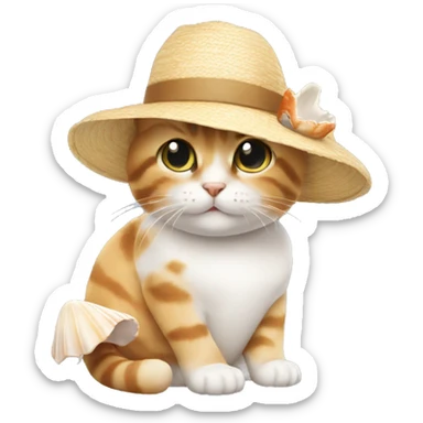 A cat holding a seashell in its hand and wearing a sun hat  sticker