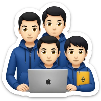 technologist using laptop coding with 2 other technologist three of it is man skin color yellow that using 3 laptop the hair is black and the cloth is dark blue sticker