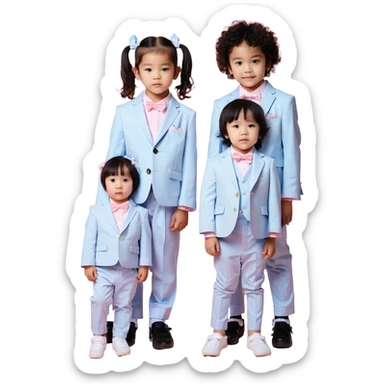 triplet toddlers with two girls in pastel pink clothes on each side and a boy in pastel blue suit in the middle sticker