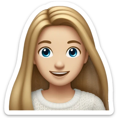  girl with long straight light-brown hair, blue eyes, wearing a white knitted top, ((cheerful, laugh)) sticker