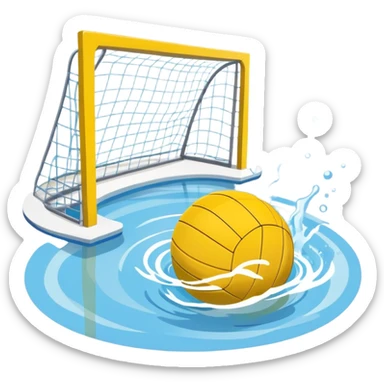 An icon featuring a yellow water polo ball floating on the water with goals in the background, inside a swimming pool. The design includes splashes and ripples, symbolizing the fast-paced action and strategy of water polo. Transparent background highlights. sticker