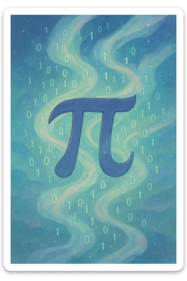  combine the π (pi) math symbol, binary code, and digital mist emerging from it. sticker