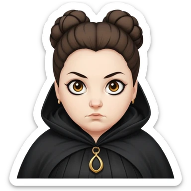 Alecto Carrow in harry potter, a woman fat, brown knot bun hair, look evil, black cloak sticker