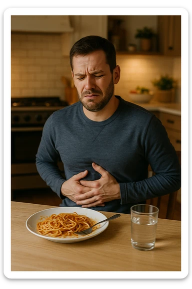 a man sits at a dining table, looking uncomfortable and holding his stomach after eating a plate of pasta. His expression shows mild pain or bloating. On the table, there’s a half-eaten plate of spaghetti, and a glass of water. The background is a cozy kitchen, but the focus is on the man’s discomfort.
 sticker