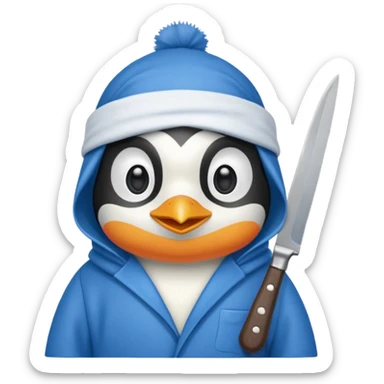 Cute and little penguin wearing a blue cloth in his head and holding a  knife  sticker