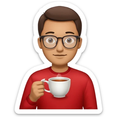 red shirted man with glasses with tea cup sticker