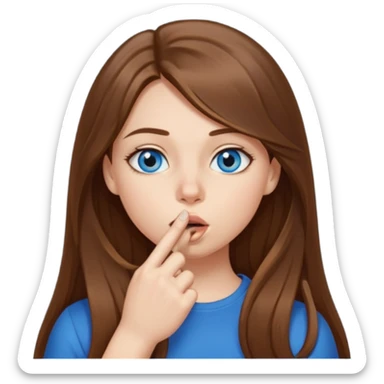 a girl with long hair, blue eyes telling to be quiet with the finger near her mouth sticker