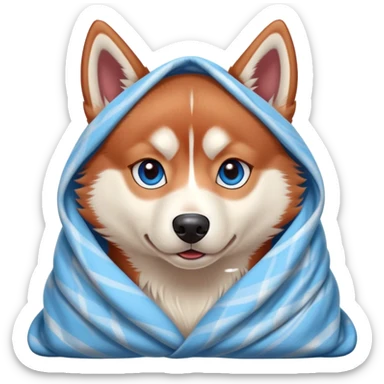 cute, disney-style red siberian husky with blue eyes, wrapped in a blanket sticker