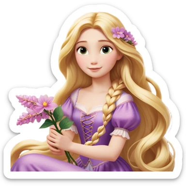 Cinematic Realistic Rapunzel Portrait, with porcelain-like skin featuring a subtle, natural glow, illuminated by soft lighting that brings out the gentle contours of her face. Her long, golden blonde hair cascades in detailed waves, each strand highlighted with a radiant shimmer as it catches the light. She playfully holds a flower in one hand, her other hand resting casually in her lap, with a warm and spirited expression. Her bright, expressive green eyes exude curiosity and warmth, framed by delicate lashes and soft, arched brows. She is dressed in her classic lavender and pink gown, the fabric textured with delicate folds that flow naturally, catching the light with a soft, radiant glow. The portrait captures a luminous, enchanting aura, seamlessly blending realism with a whimsical, fairytale charm, evoking a timeless sense of beauty and magic. sticker