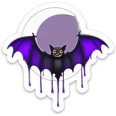 purple black vampire bat wings flying in front of large dripping crescent moon sticker