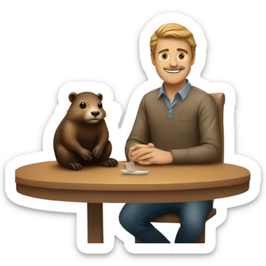 A guy is sitting with a beaver at a table sticker