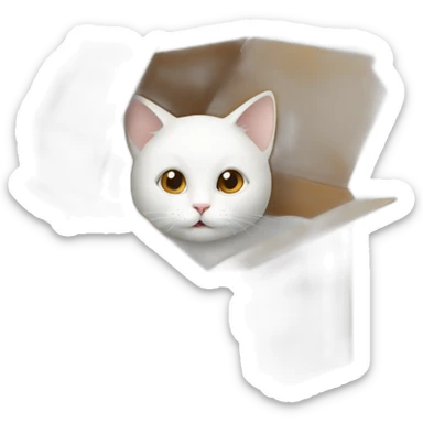 White cat hiding inside a brown box sticker