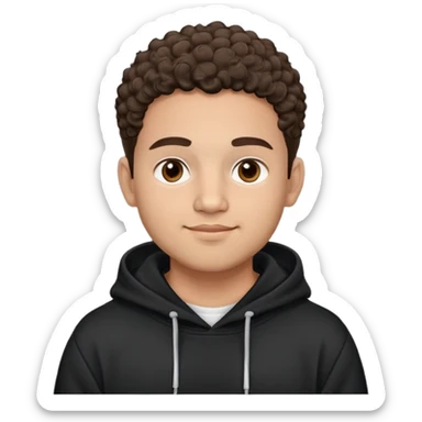 Latino man with light brown warm skin, round face, full cheeks, soft jaw, slight friendly smile, very short fade haircut, curly on top, medium eyebrows, medium eyes, straight nose, medium lips, black hoodie with white logo, practical and hardworking vibe sticker