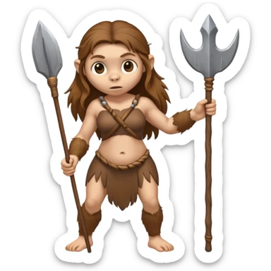 female monkey Neanderthal, buxom, human face, long hair, holding a spear, fullbody sticker