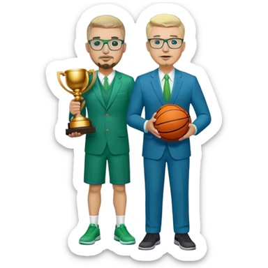 Full Body white male plus size wearing glasses with a goatee with light blonde and gray very short hair basketball head Coach in blue and green suit holding trophy sticker