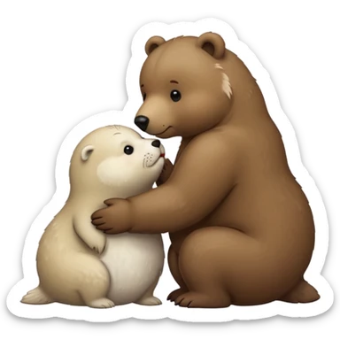 small white seal kissing a big brown bear sticker