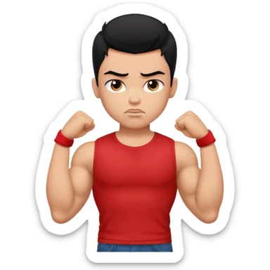 a pretty bratz boy with black hair and a red tshirt, big biceps looking sad sticker