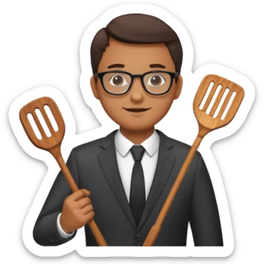 man with glasses wearing a suit and holding a grilling spatula sticker