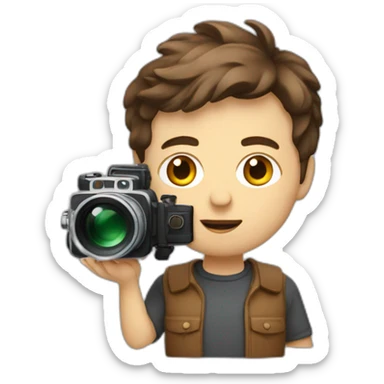 European film director with brown piled short hair holding a cinema camera sticker