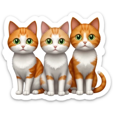 3 tiny different coloured short hair cats including a dark grey and white cat with green eyes, a ginger and white with orange eyes and a brown tabby and white with hazel eyes sticker