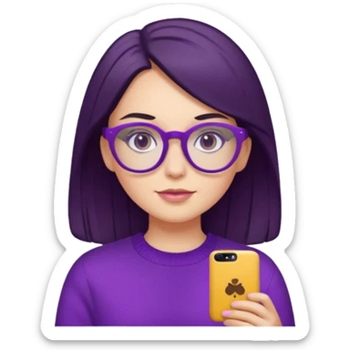 white girl with dark hair wearing purple sweater and purple glasses, portrait view sticker