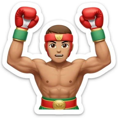 Triumphant boxer with oversized head, arms raised in victory pose. Wearing four colorful championship belts (red, green, two gold) around waist. Determined facial expression. White hand wraps. Muscular simplified body. sticker