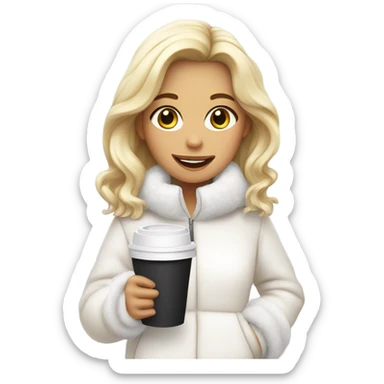 blonde girl wearing white fluffy jacket and a coffee to go in hand all dress white sticker