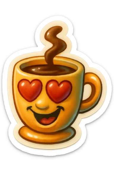 Ink wash style, coffee cup creature, big heart eyes, dopey smile sticker