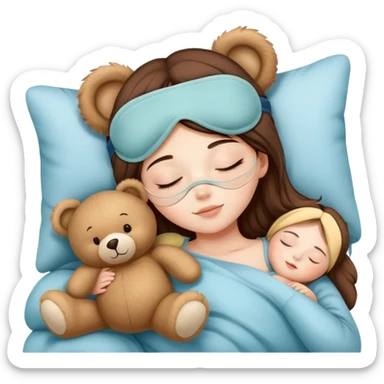 A girl Wearing a cute sleep mask is sleeping with a teddy sticker