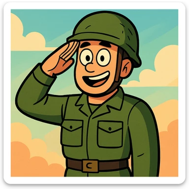 cartoon soldier, military uniform, helmet, saluting, vibrant colors, clean lines sticker