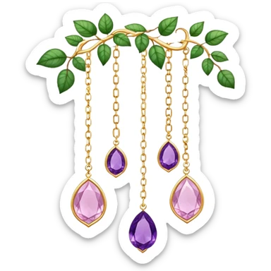 Hanging suncatcher, gold chains with shiny sparkly amethyst and rose-quartz gemstones, flowers, beautiful leaves, gorgeous aesthetics sticker