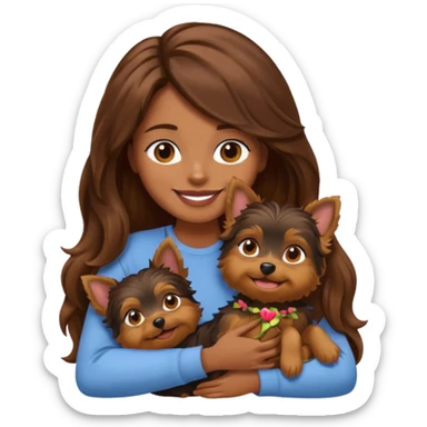 a woman with long wavy brown hair cuddling a Yorkshire Terrier, emoji style sticker
