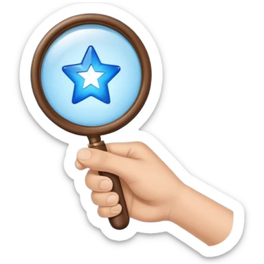A simple blue left hand holding a magnifying glass which is showing blue stars sticker