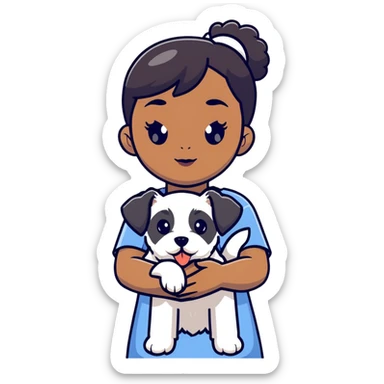 Black girl with short bangs holding a white schnauzer puppy sticker