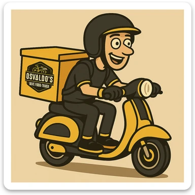 Create a sticker in the same cartoon style as the motoboy cartoon references. Use the brand colors black, yellow, and white. Add the Osvaldo's logo on the thermal box and/or the motorcycle. Maintain the cartoon style and overall look of the original images. sticker