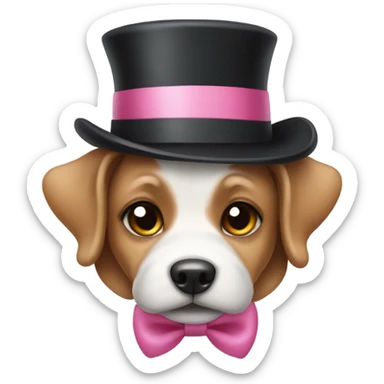 dog wearing a top hat with a pink bow sticker