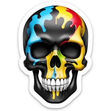 ultra premium smooth black skull with precise designer brand logo patterns, vibrant color splashes contained within skull shape, clean professional airbrush effect, front view sticker