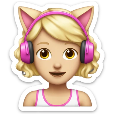 white girl with blonde hair wearing pink headphones that have cat ears sticker