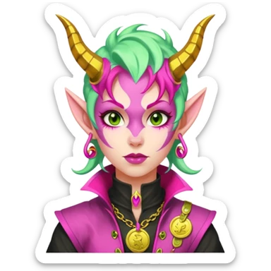 A D&D tiefling with pale green skin and hot pink hair. She is a rouge and is obsessed with gold sticker