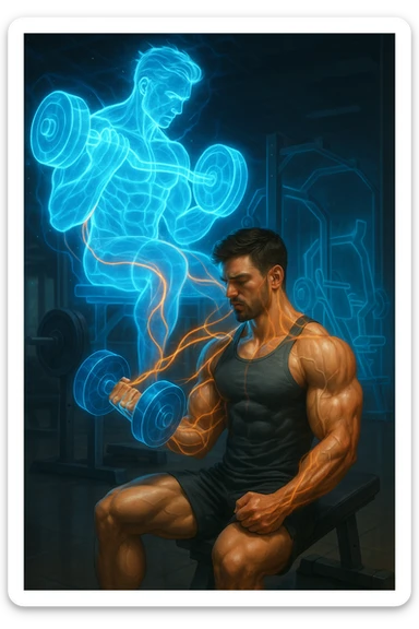 "Man's consciousness leaving his physical body to train in ethereal gym dimension, astral self performing intense workouts while physical body gains muscle mass in real world, expression of spiritual-physical connection mastery, translucent weights and equipment made of pure energy, muscle growth downloading from astral training into physical form" sticker